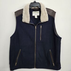 Orvis Fleece Vest Sherpa Lined Mock Neck Faux Leather Trim Navy Blue Men's Lg